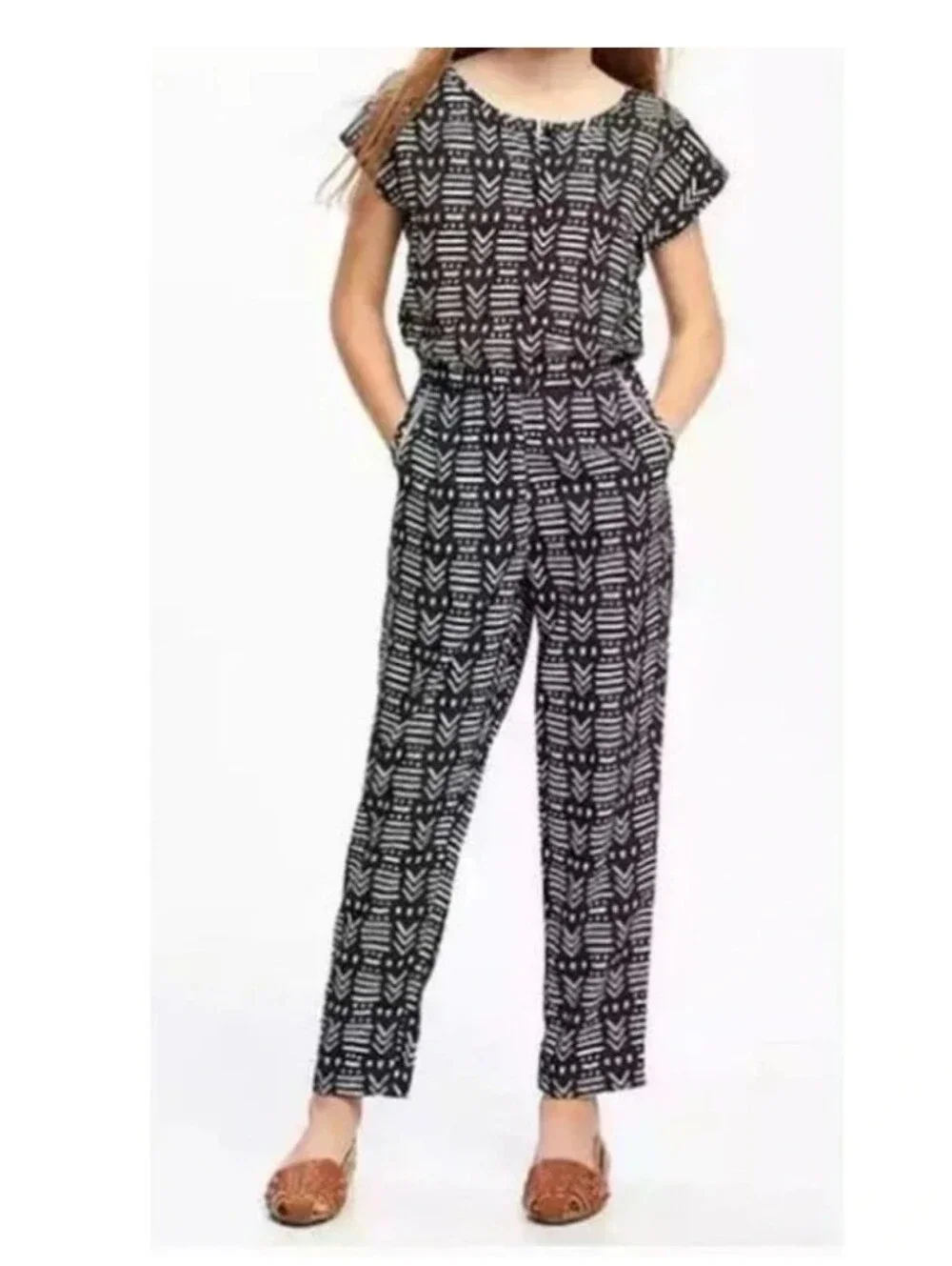 Old Navy Print Jump Rayon Black White Geometric Jumpsuit Girl Sz M (8) Boho